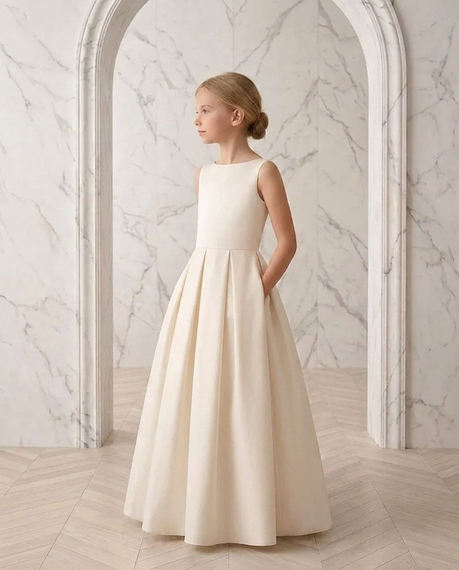 Ivory Satin Flower Girl Dress: Handmade A-line Party Dress with Open Back