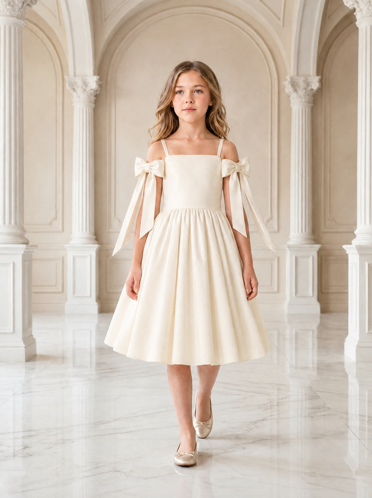 Ivory satin dress with bow straps | Cold shoulder flower girl dress | Formal Dress