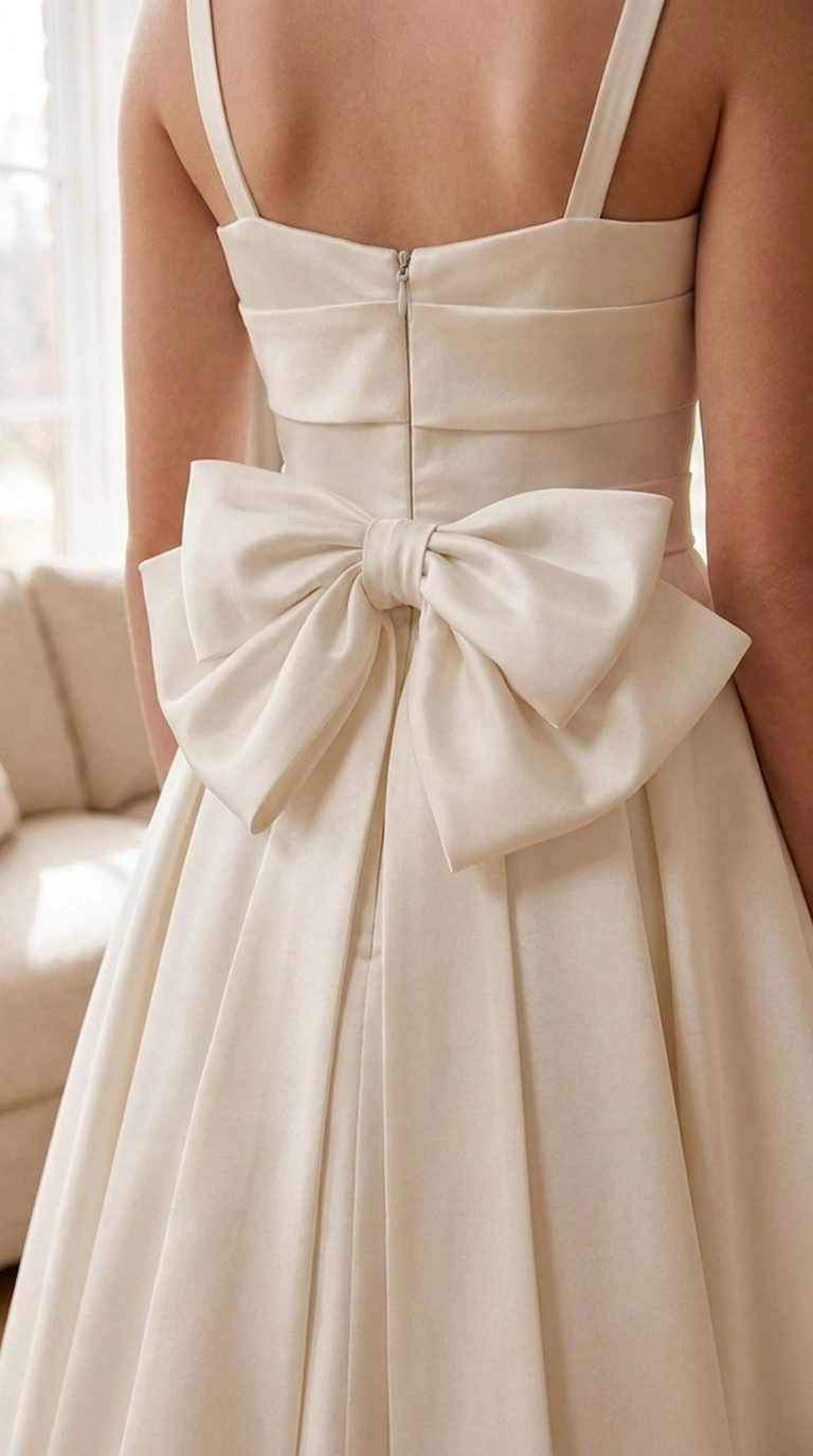 Ivory Satin A-Line Flower Girl Dress | Corset Bodice Bow Detail | Junior Bridesmaid Wedding Guest