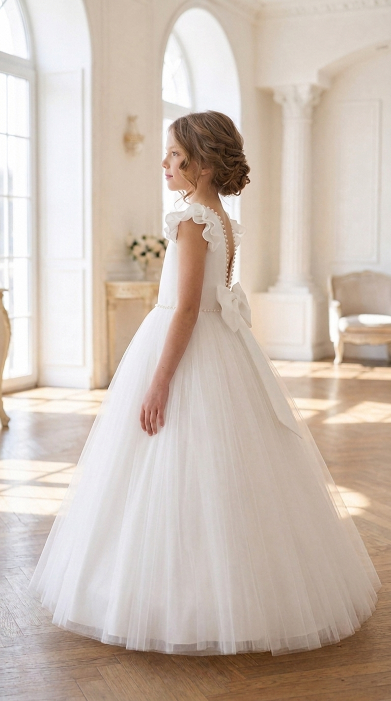 Tulle Flower Girl Dress with Pearl Back Detail, Tulle Skirt | Pageant Gown, Junior Bridesmaid Gown