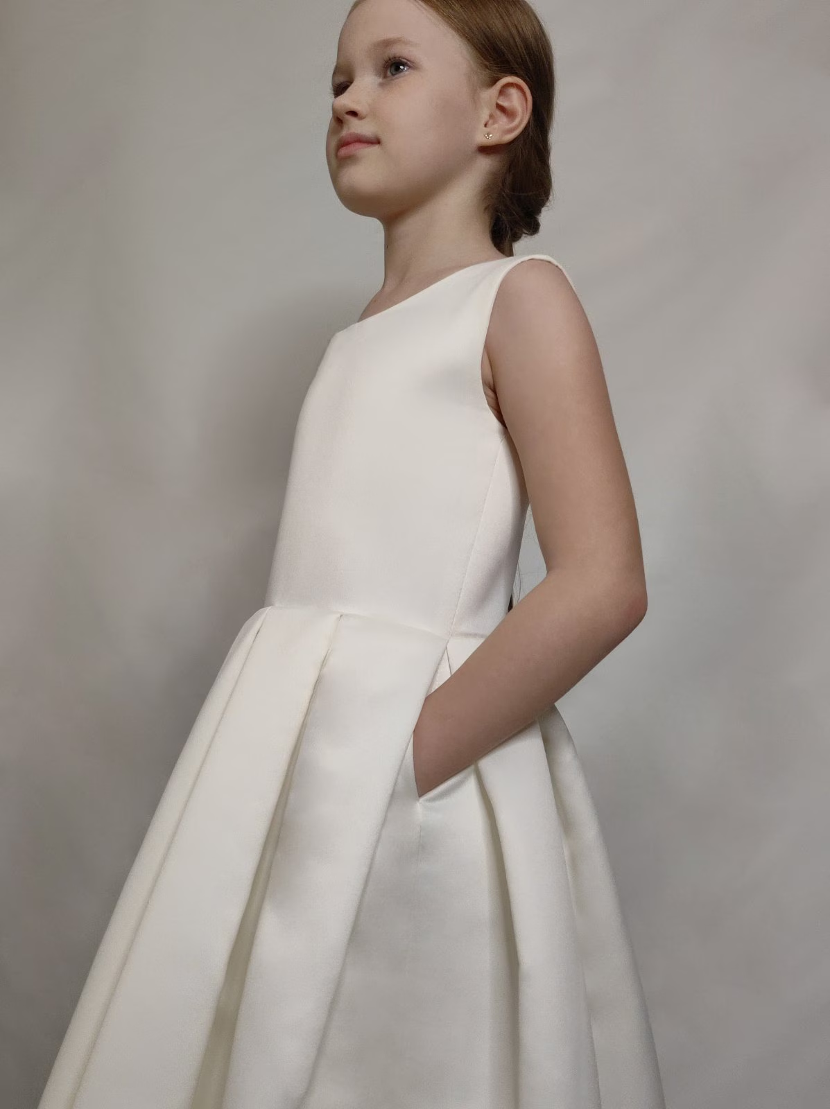 Ivory Satin Flower Girl Dress | V-Back Ball Gown with Pockets