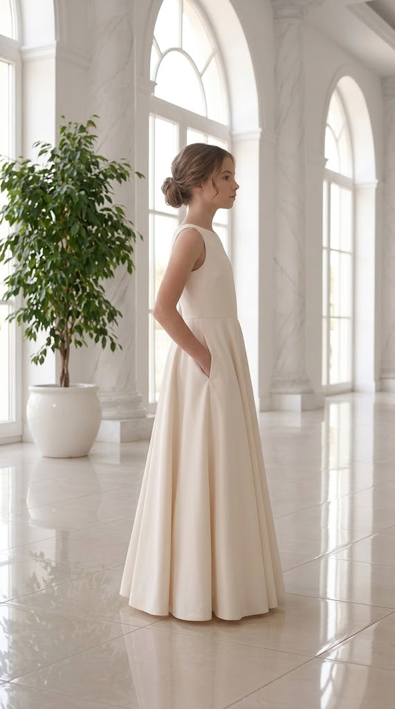 Ivory A-line flower girl dress with pockets, side view in marble hallway