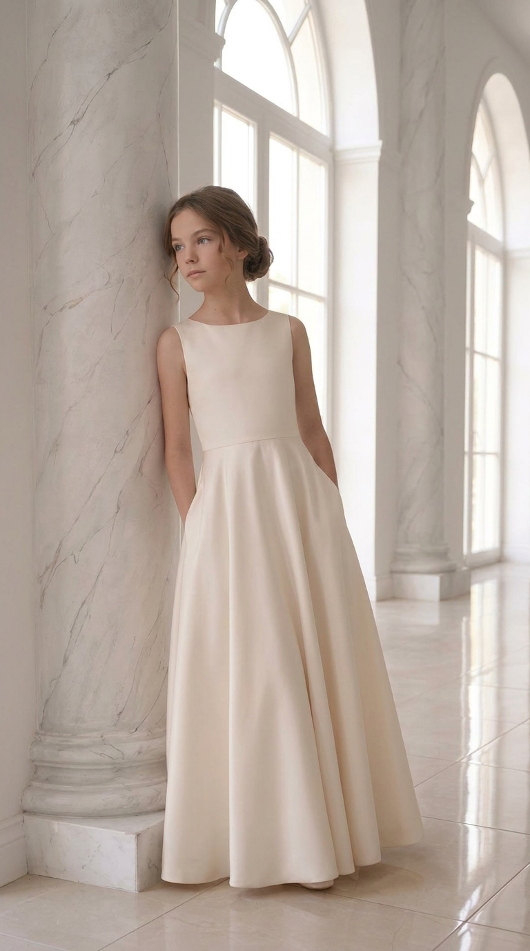 Girl in ivory satin dress with pockets leaning against marble column