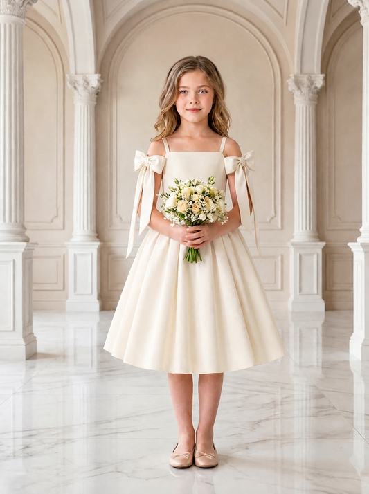 Ivory satin dress with bow straps | Cold shoulder flower girl dress | Formal Dress