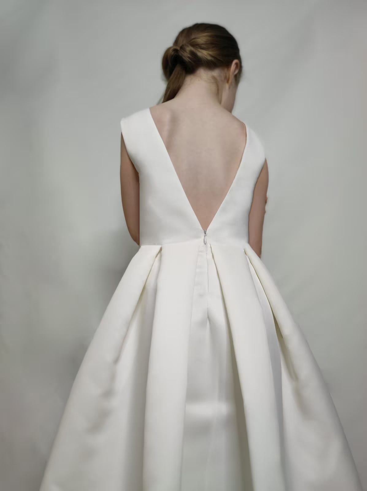 Ivory Satin Flower Girl Dress | V-Back Ball Gown with Pockets