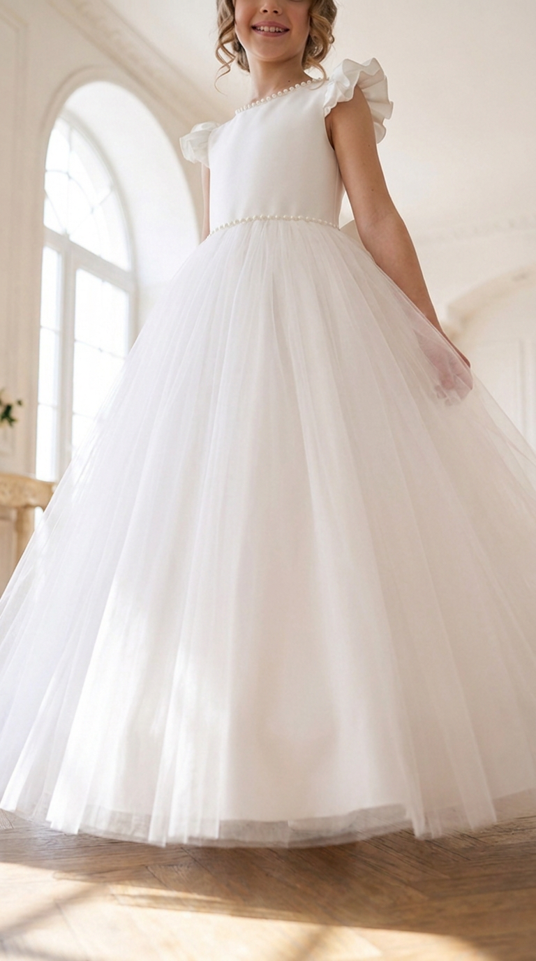 Tulle Flower Girl Dress with Pearl Back Detail, Tulle Skirt | Pageant Gown, Junior Bridesmaid Gown