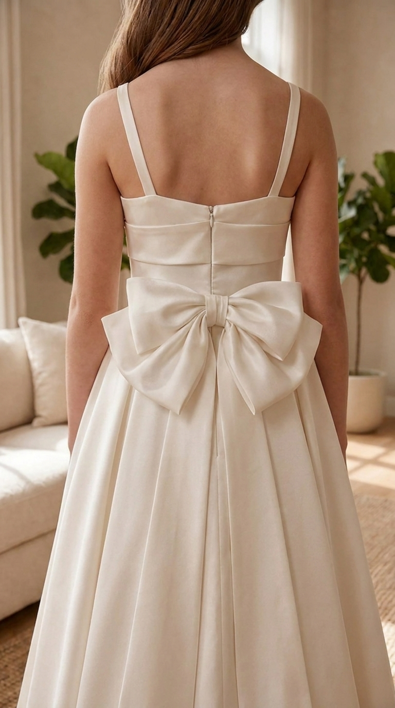 Ivory Satin A-Line Flower Girl Dress | Corset Bodice Bow Detail | Junior Bridesmaid Wedding Guest
