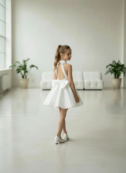 White satin short flower girl dress with halter straps, fully open back and large satin bow at waist, bright studio setting
