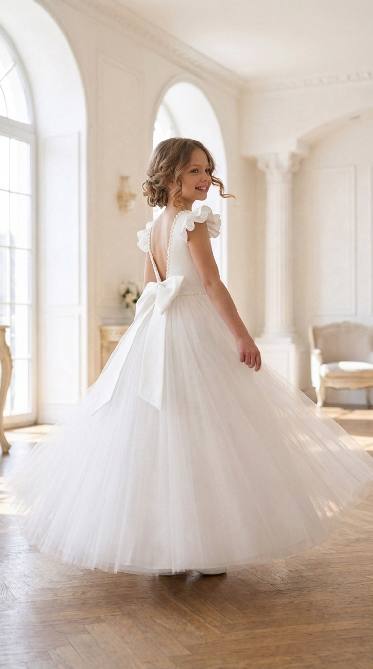 Tulle Flower Girl Dress with Pearl Back Detail, Tulle Skirt | Pageant Gown, Junior Bridesmaid Gown