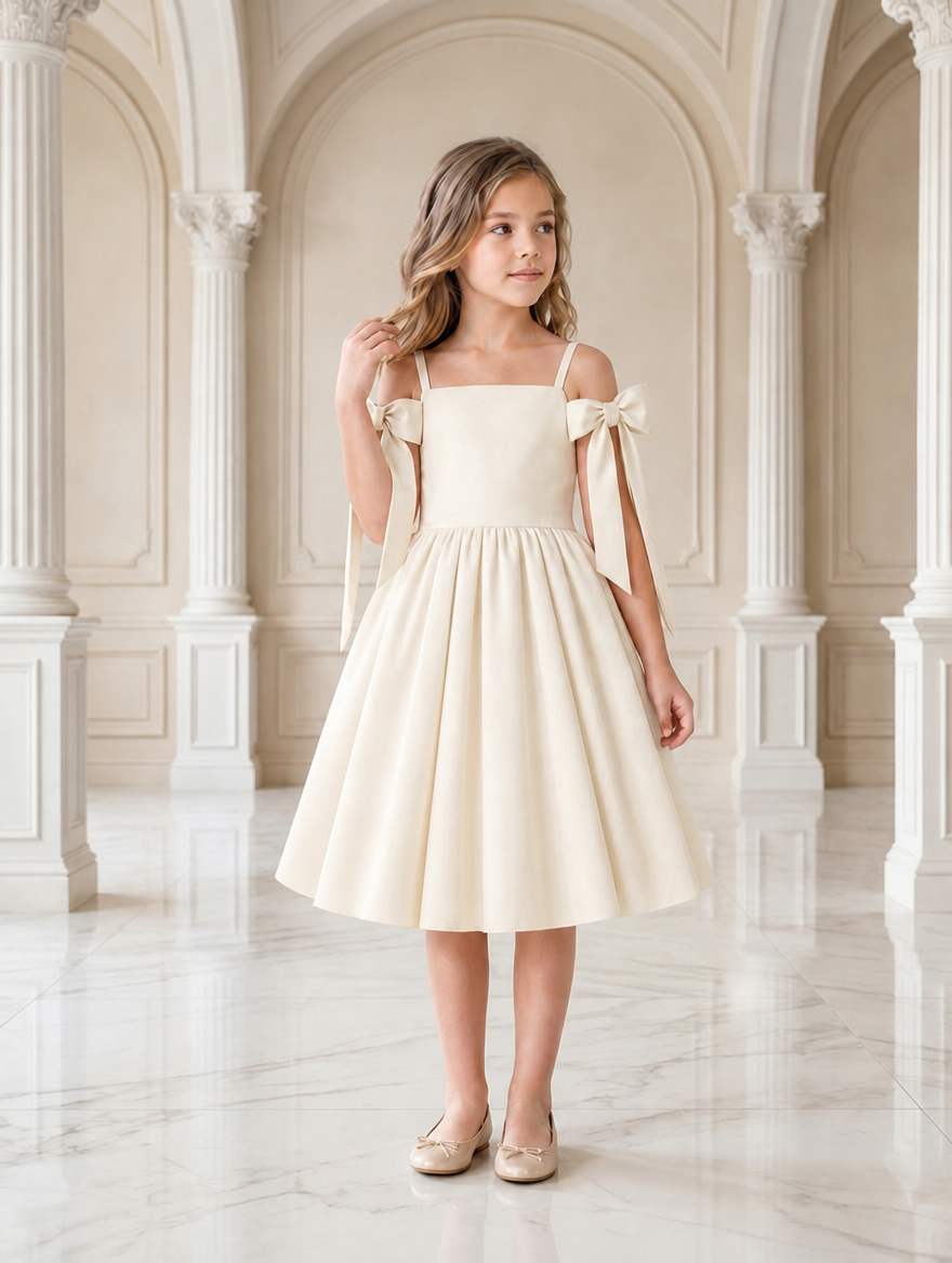 Ivory satin dress with bow straps | Cold shoulder flower girl dress | Formal Dress