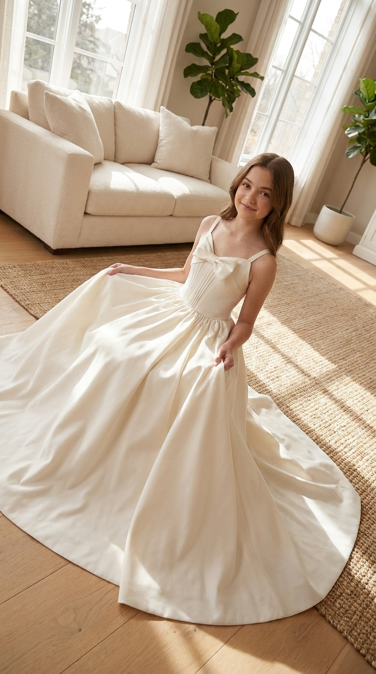 Ivory Satin A-Line Flower Girl Dress | Corset Bodice Bow Detail | Junior Bridesmaid Wedding Guest