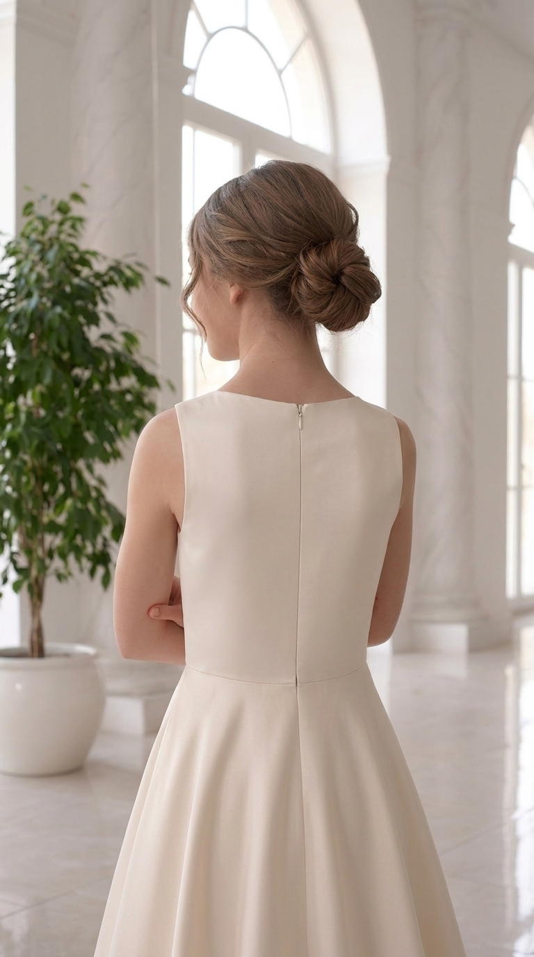 Back view of ivory flower girl dress showing zipper closure and sleeveless bodice