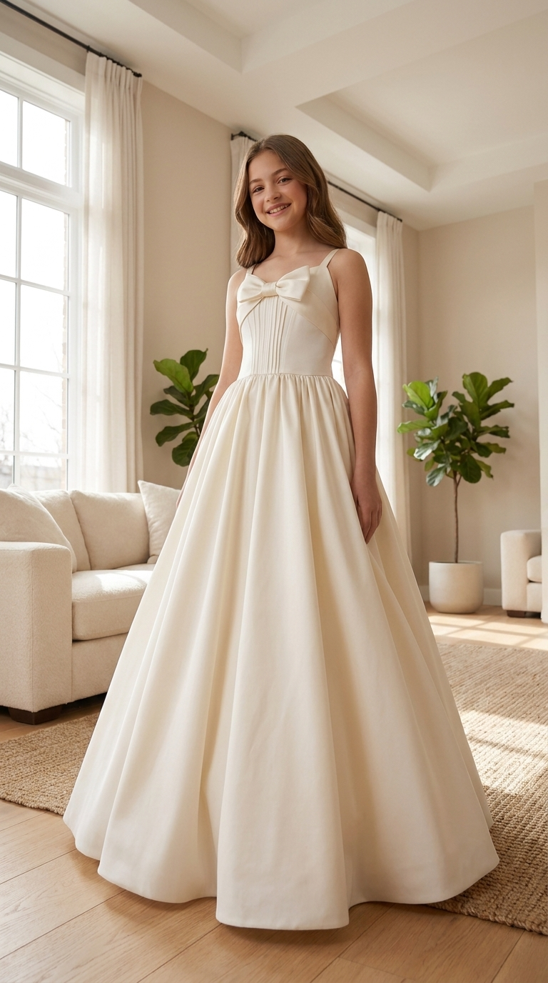 Ivory Satin A-Line Flower Girl Dress | Corset Bodice Bow Detail | Junior Bridesmaid Wedding Guest