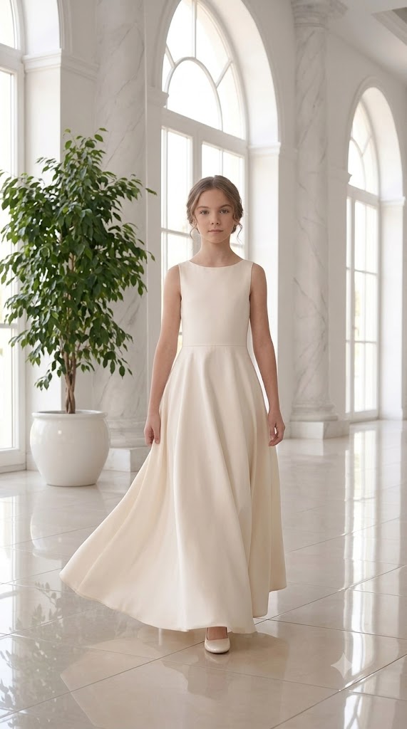 Ivory flower girl dress in motion, full-length front view with flowing skirt