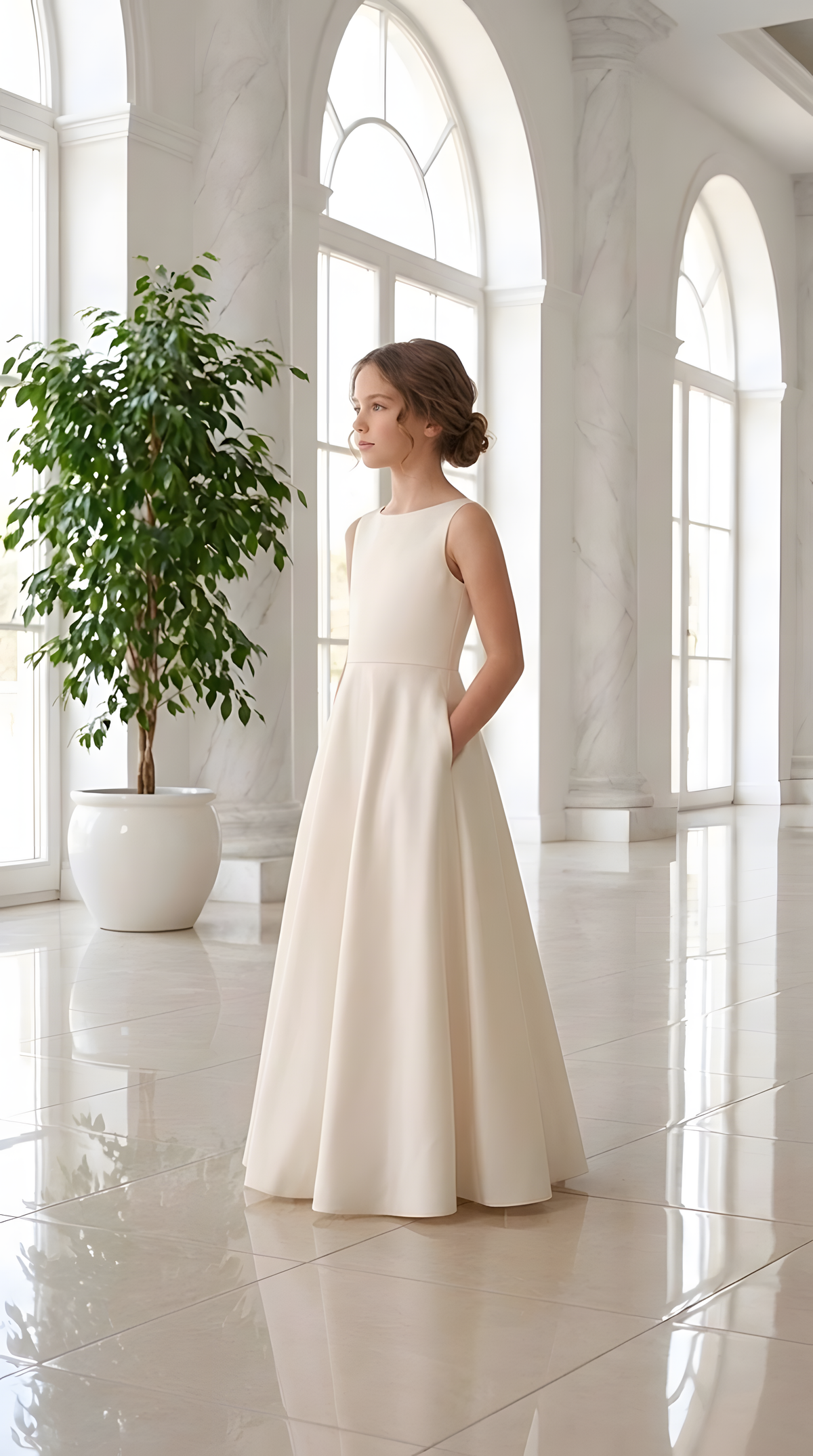 Full-length ivory satin dress with A-line skirt and pockets, girl standing by arched window
