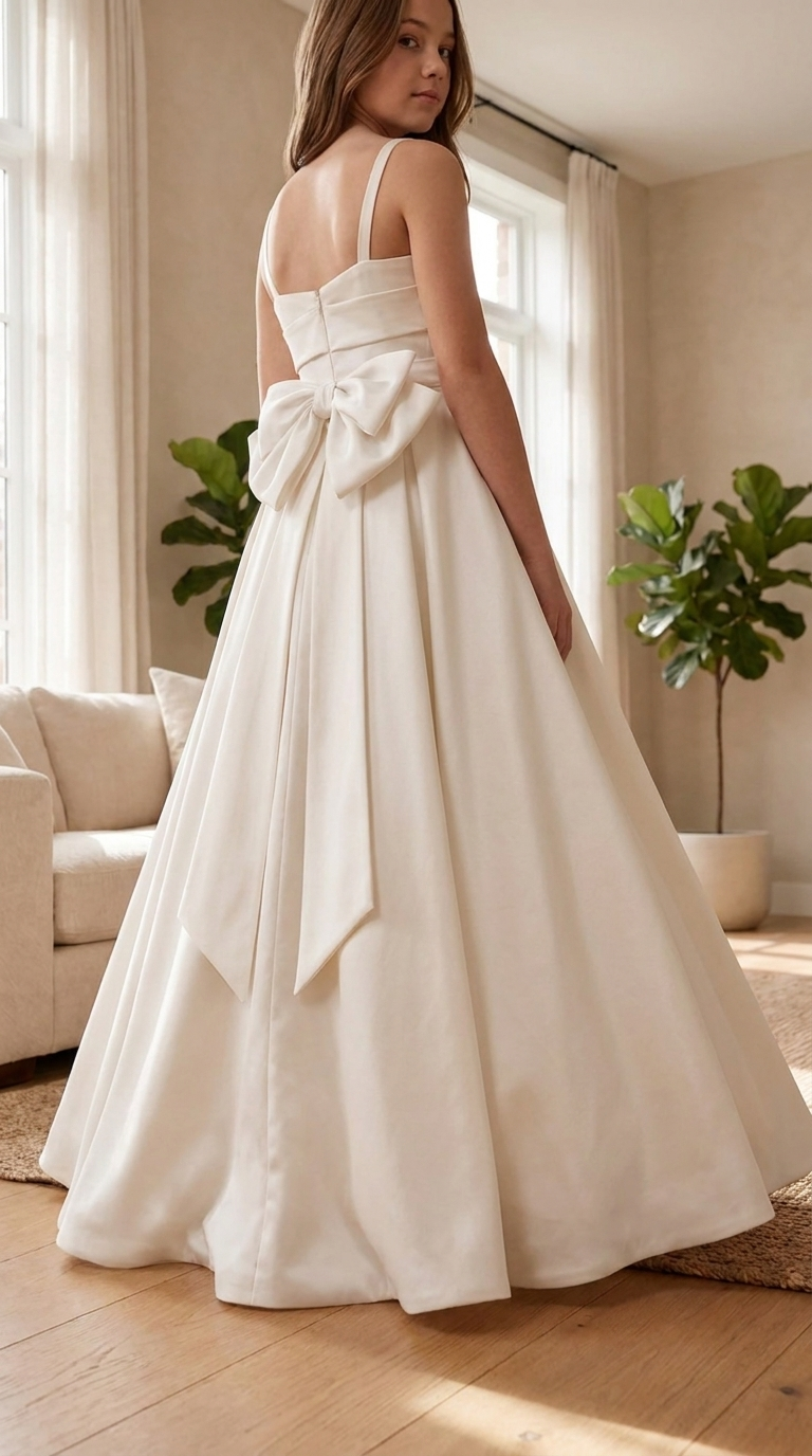 Ivory Satin A-Line Flower Girl Dress | Corset Bodice Bow Detail | Junior Bridesmaid Wedding Guest