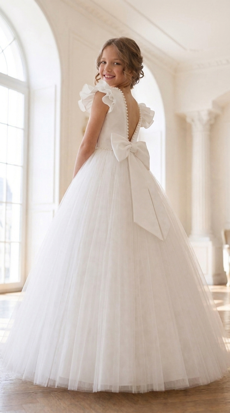 A floor-length white dress featuring a deep V-back with a row of small pearl buttons, ruffled cap sleeves, and a large fabric bow at the waist. The bodice is smooth, while the skirt is made of layered tulle, creating a full silhouette.