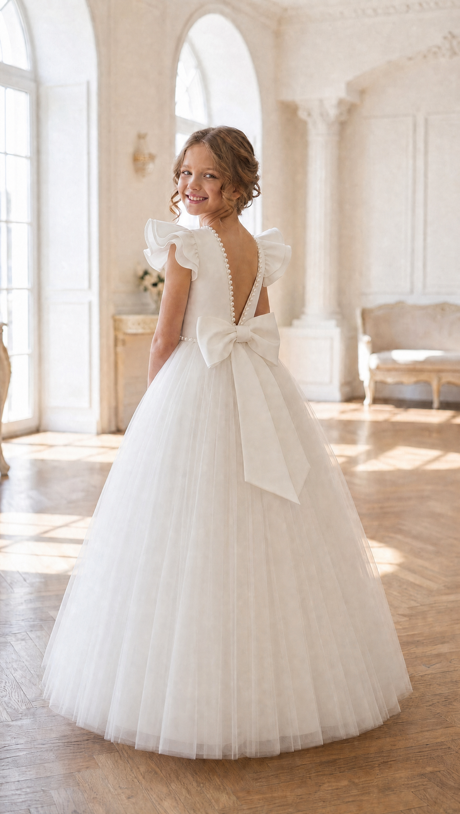 Young girl smiling over her shoulder wearing a luxury satin first communion dress with pearl accents.