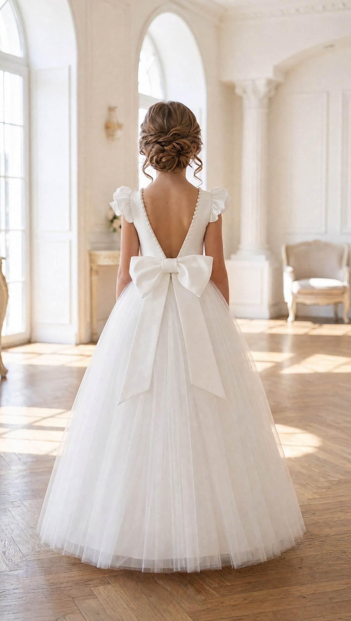 Full-length back view of a minimalist satin A-line flower girl gown with an oversized bow and cascading tulle skirt.