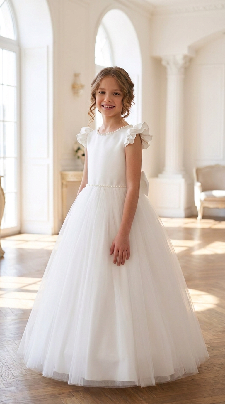 Elegant satin flower girl dress in white with pearl neckline, cap sleeves, and a full tulle skirt standing in a bright luxury hall.